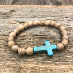 Wood Bead Cross Rosary Bracelet